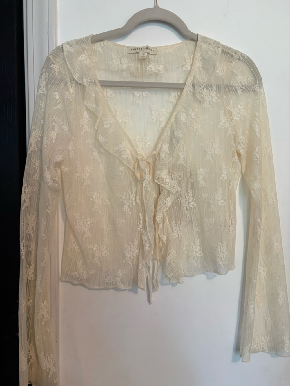 Light Ivory Ruffled Tie-Front Lace Blouse -